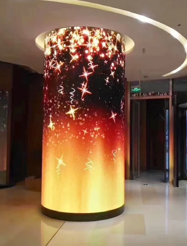 LED circular display wrap around a pillar in a building.